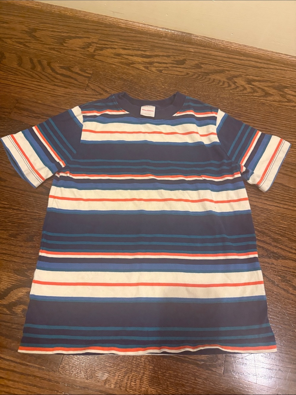 Hanna Andersson Navy Tee with White, Red & Teal Stripe Pattern